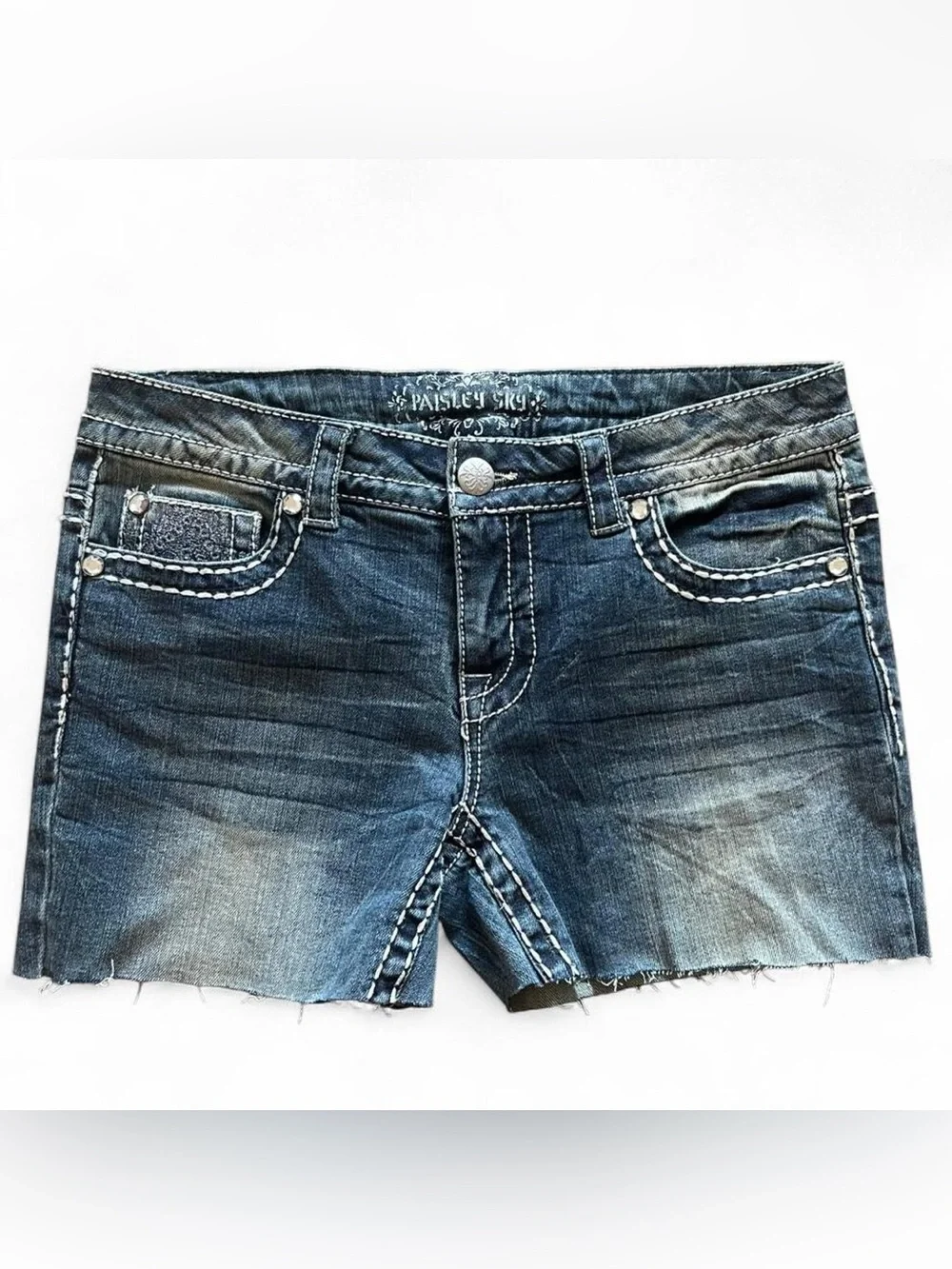 Paisley Sky Mid 2000s RhinestoneDark Wash Denim Cutoff Shorts
